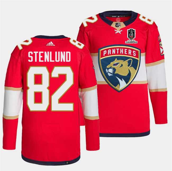 Mens Florida Panthers #82 Kevin Stenlund Red Home 2024 Stanley Cup Champions Stitched Jersey Dzhi